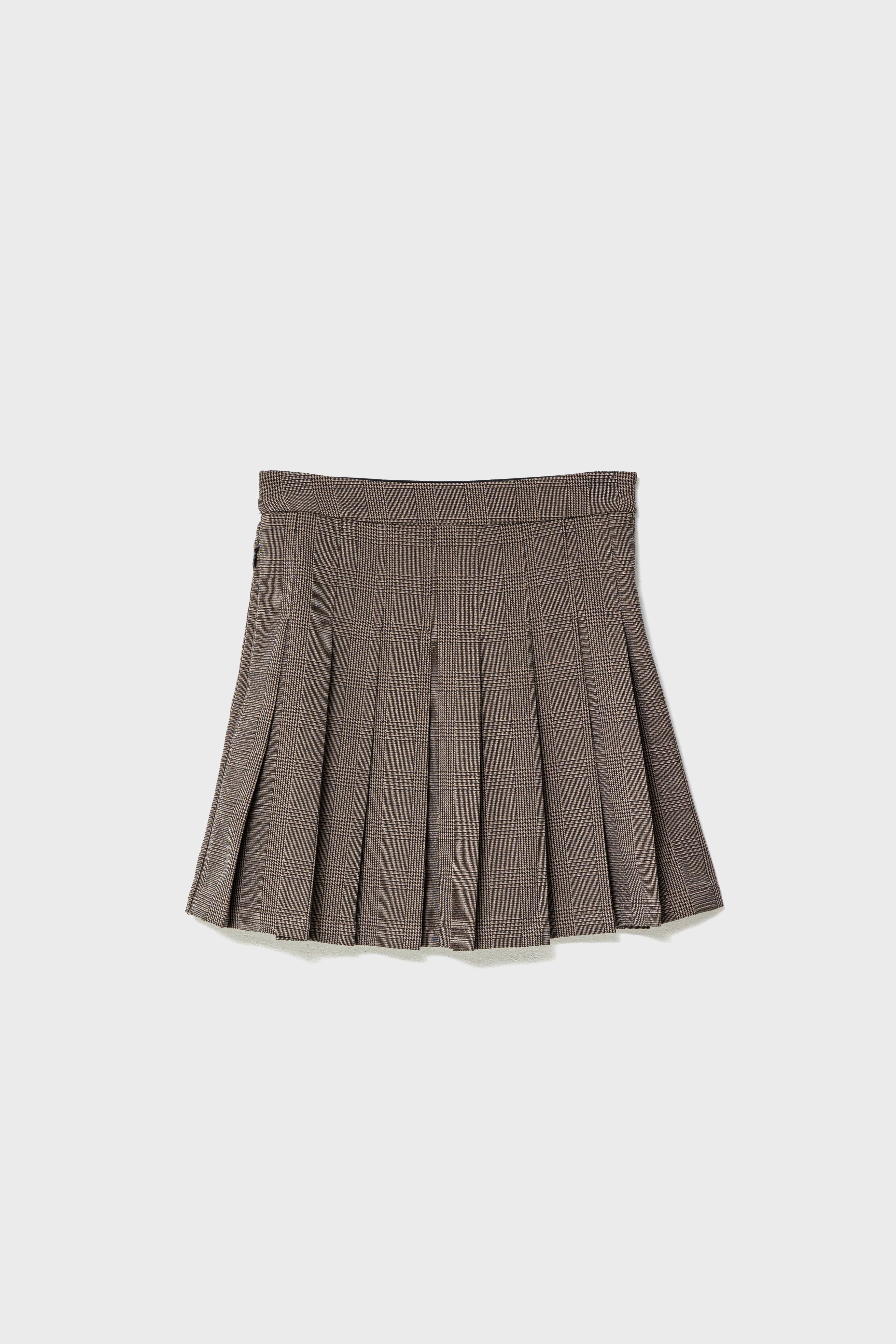 GLEN CHECK PLEATS SKIRT - Brown