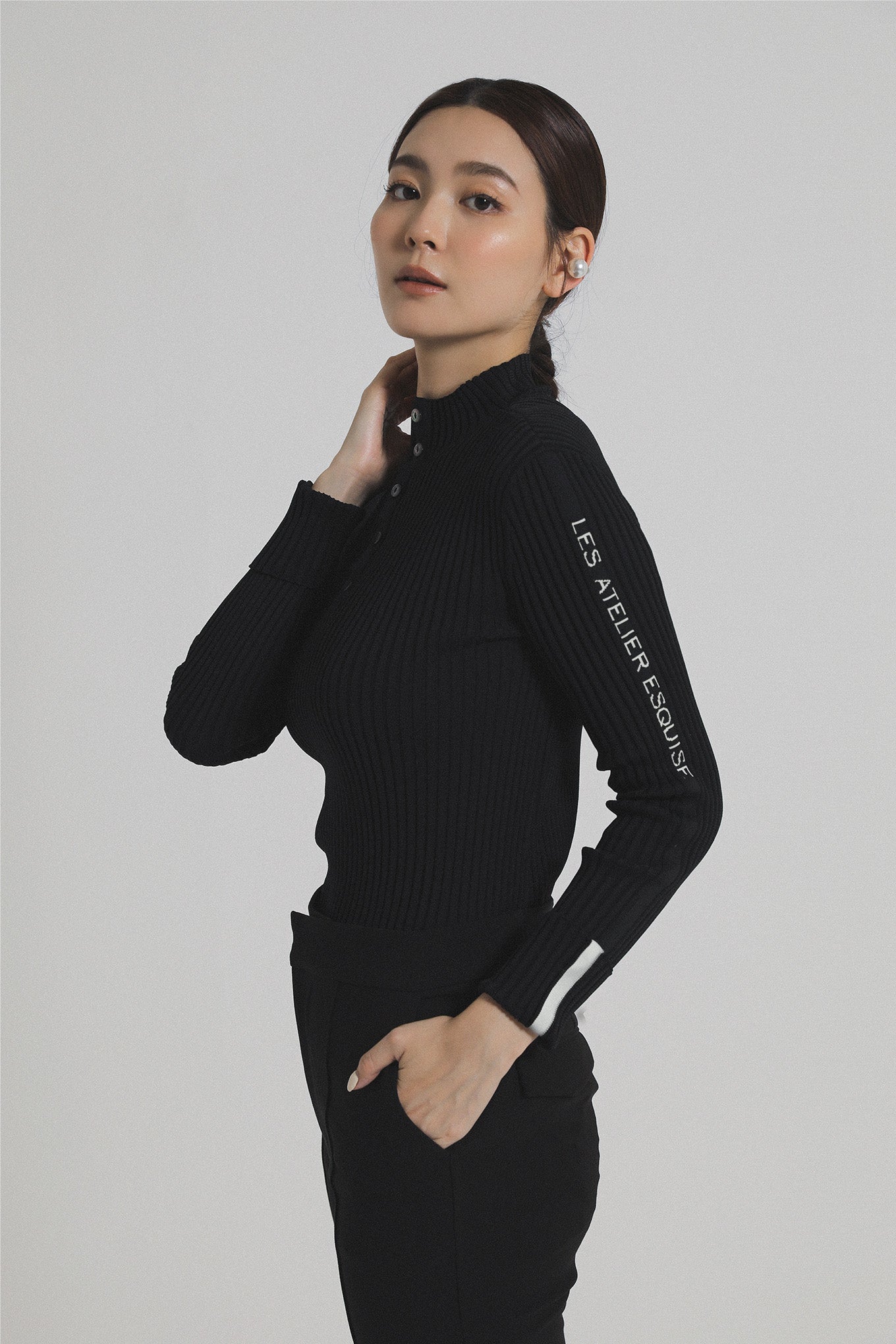 2WAY LETTER RIB KNIT - Black