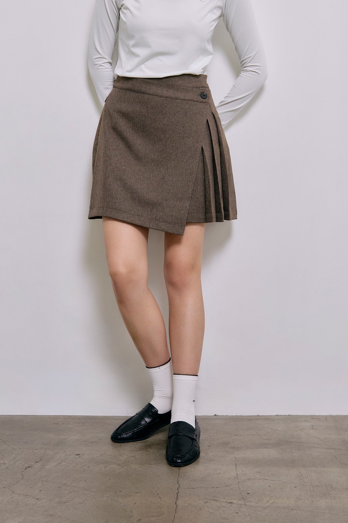 SIDE PLEATS TWILL SKIRT - Brown