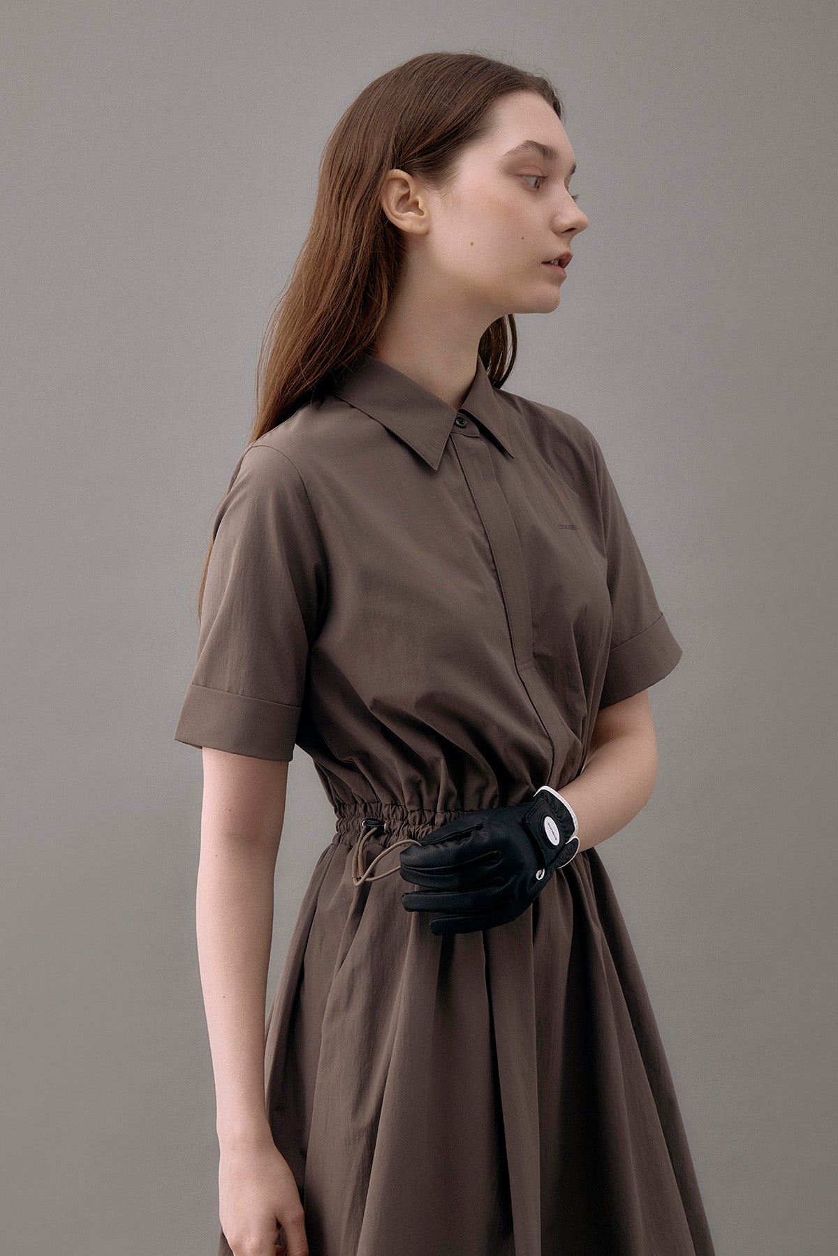 DRAWSTRING SHIRT DRESS - Brown
